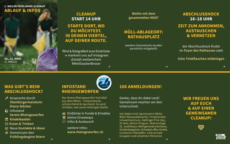 S1 . 1. Weiler Frühjahrs-Cleanup; Ablauf & Infos; SA. 21. März (1. WRCU)  S2 Cleanup Start 14 Uhr; Starte dort, wo du möchtest. in deinem Viertel, auf deiner Route. filmt & fotografiert eure Eindrücke → markiert uns auf Instagram @stadt.weilamrhein #WeilSauberBesser  S3 Wohin mit dem gesammelten Müll? Müll-Ablageort: Rathausplatz (weitere Sammelorte wurden persönlich mitgeteilt)  S4 Abschlusshock 16–18 Uhr; Zeit zum ankommen, austauschen & vernetzen; der Abschlusshock findet im Foyer des Rathauses statt  S5 Was gibt’s beim Abschlusshock? Ansprache durch Oberbürgermeisterin Diana Stöcker; Infostand Verein Rheingeworfen; Kinderbasteln; Essen & Trinken; Neue Kontakte & Ideen; Gemeinsam den Frühlingsbeginn feiern  S6 Infostand Rheingeworfen Der Verein Rheingeworfen holt Müll aus dem Rhein – schwimmend, schnorchelnd & tauchend. So wird sichtbar, was sonst verborgen bleibt. Einblicke in Funde & Einsätze, kleine Giveaways, Infos & Austausch; weitere Infos: www.rheingeworfen.ch  S7 160 Anmeldungen! Danke, dass ihr dabei seid! Gemeinsam machen wir den Unterschied.  mit dabei sind: Sportverein Märkt, Wiler Mooswaldsiechä, Trinationales Umweltzentrum, Haltinger Pick Ups, IG Velo, Aktion Pinguin, Wohnanlage St. Josefshaus, Mehrgenerationenhaus, Dreiländergalerie, Schoebel office GmbH, Conductix-Wampfler, viele private Gruppen und einzelnen Personen.   S8 Wir freuen uns auf euch & auf einen gemeinsamen Cleanup! Weil.Sauber.Besser.
