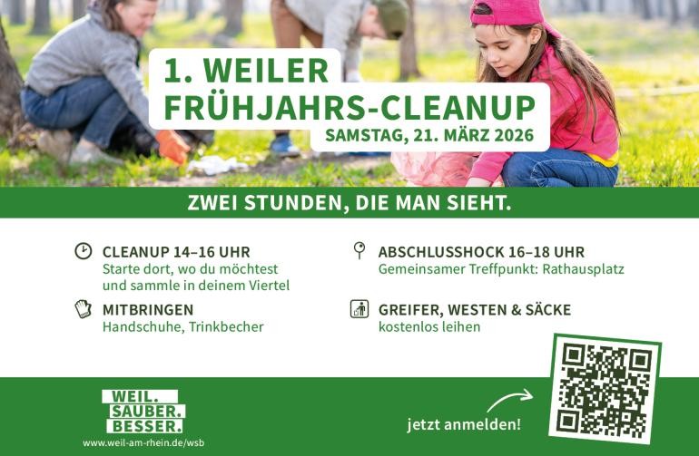 1. Weiler Frühjahrs-Cleanup am 21. März 2026. Cleanup von 14 bis 16 Uhr, Abschlusshock am Rathausplatz von 16 bis 18 Uhr.