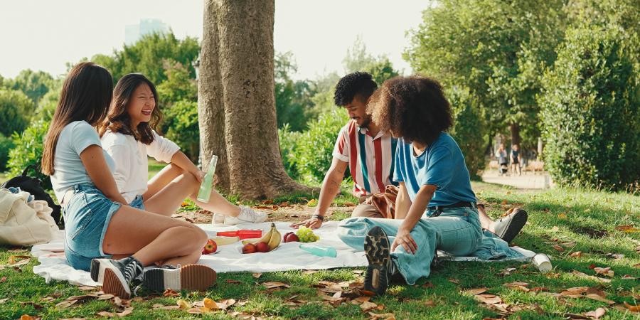 internationales Picknick ein Gruppe von Personen sitzen in der Natur auf Picknickdecken und teilen ihr gebrachtes Essen